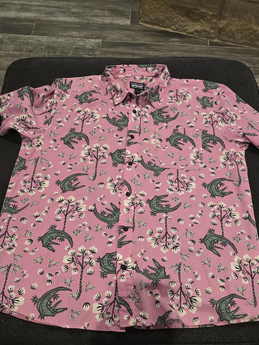 Patagonia Pink Short-Sleeve Button-Down with Green Alligator & Floral Print